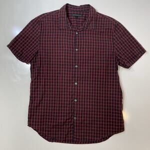 John Varvatos Men's M Short Sleeve Button Up Shirt Black Red Checkered Cotton